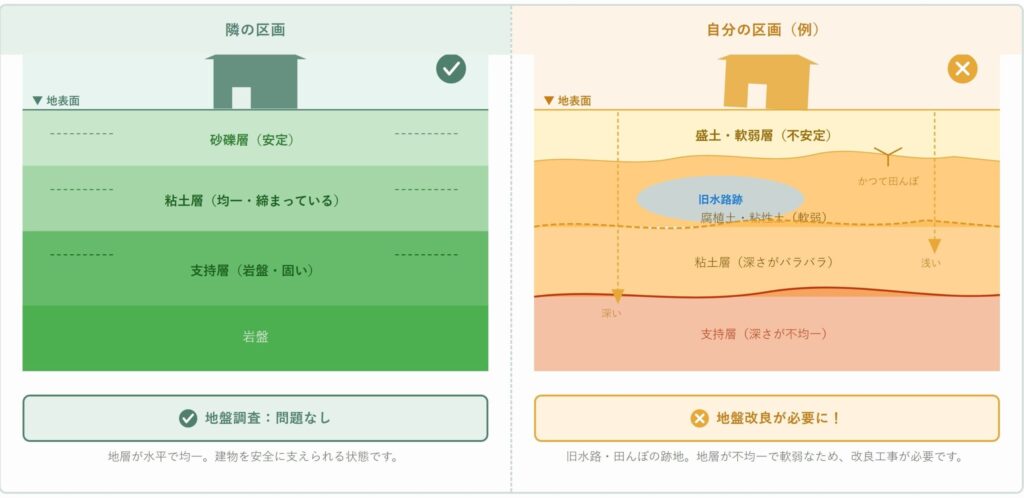 分譲地内の地盤の違いを示す断面概念図｜隣区画は安定、自区画は旧水路跡で地盤が不均一なため地盤改良が必要になった様子
